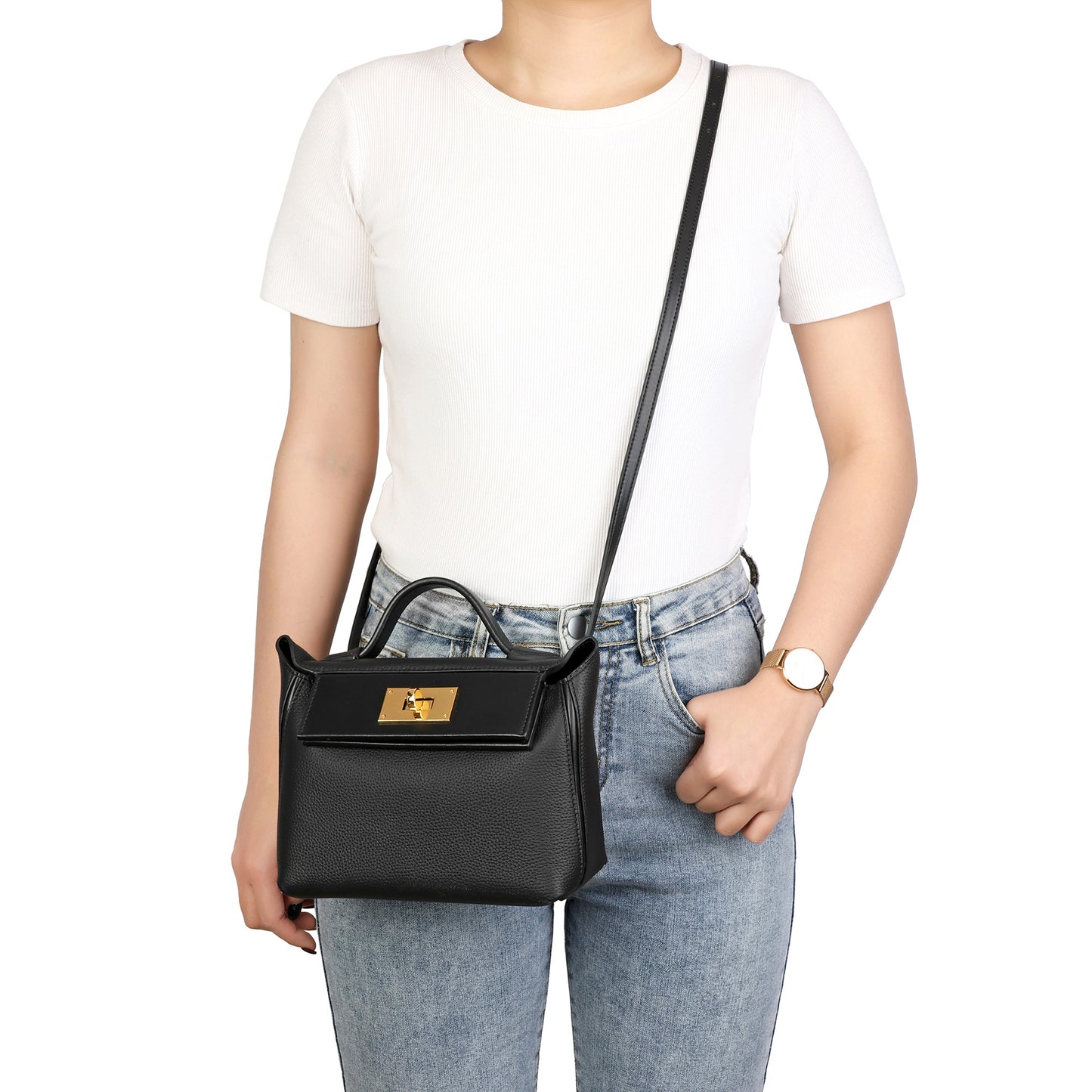 Classic Structured Handbag with Turn-Lock Closure