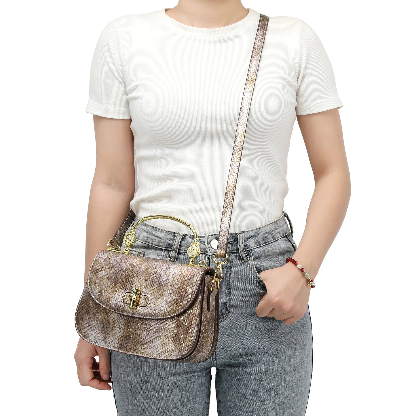 Top-Handle Snakeskin print Leather Satchel/Shoulder Bag # 2600