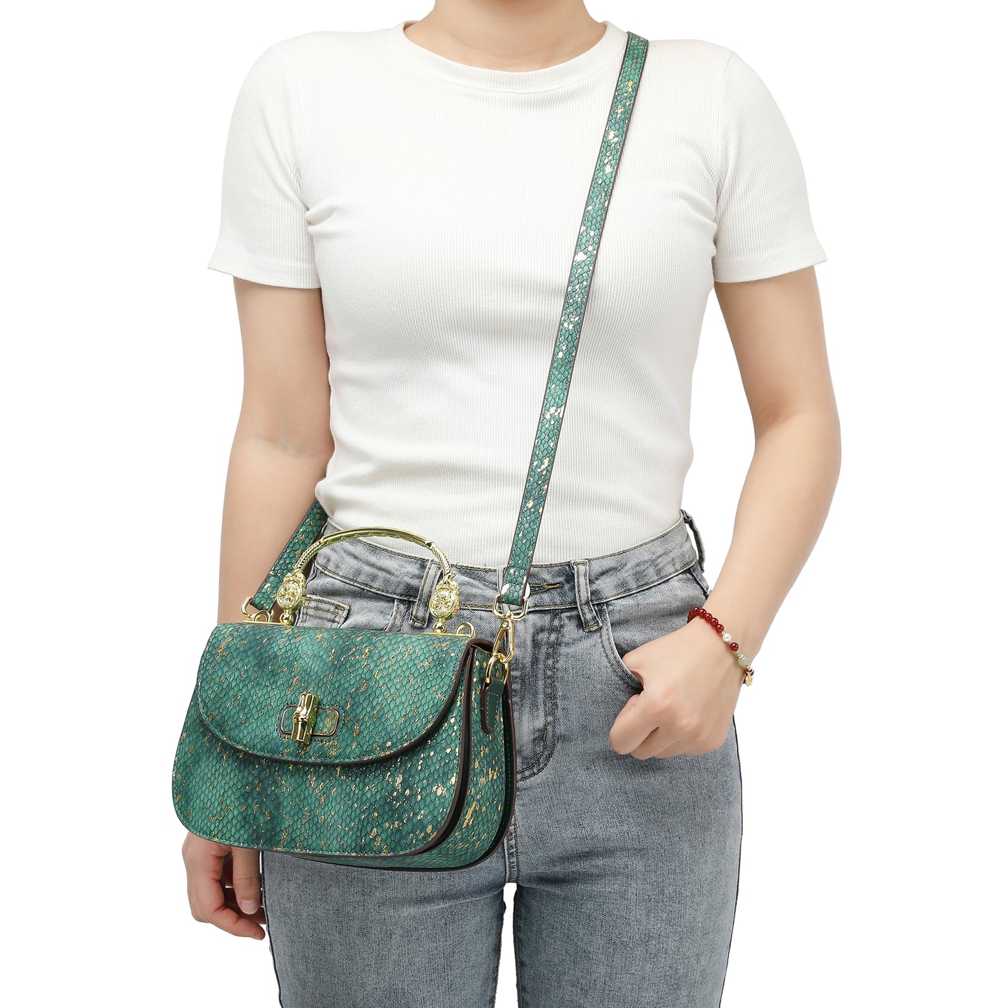 Top-Handle Snakeskin print Leather Satchel/Shoulder Bag # 2600