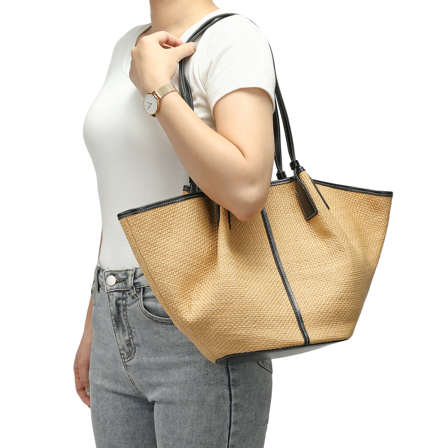 Woven Straw & Leather Trim Oversized Tote
