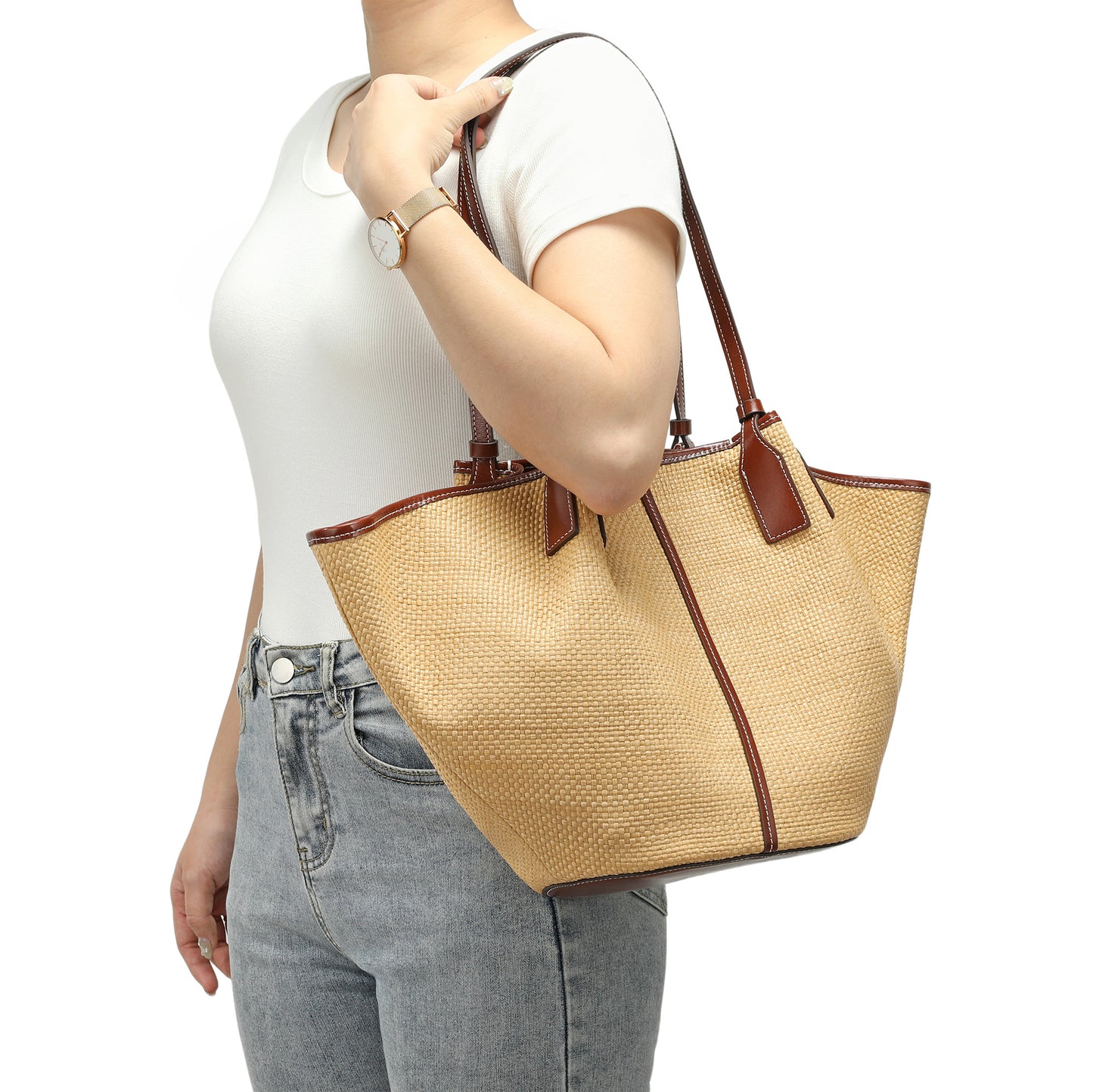 Woven Straw & Leather Trim Oversized Tote