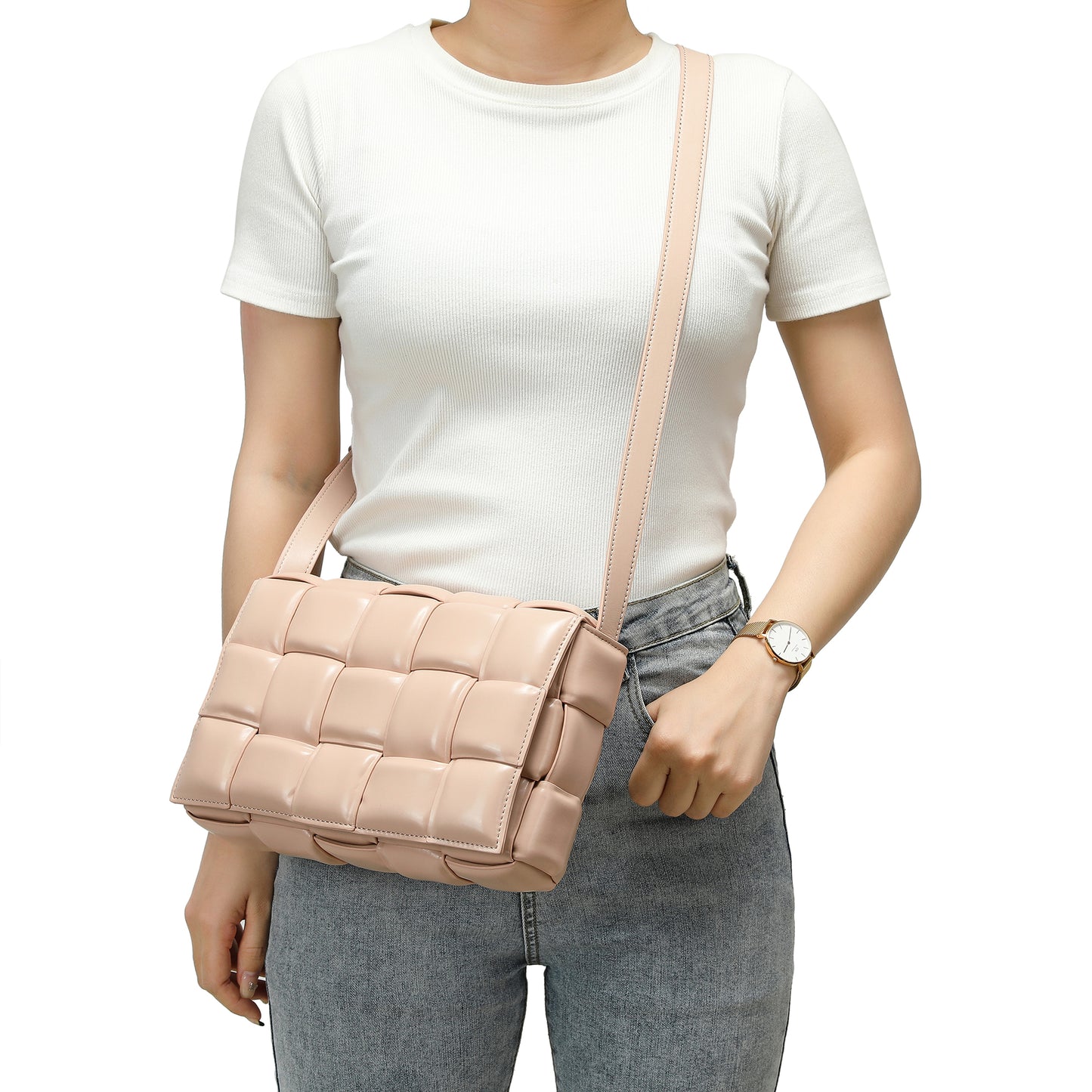 Full-Grain Woven Lambskin Leather Puffy Bag