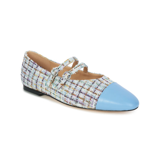 Blue Two-tone Tweed and Leather Mary Jane Flats