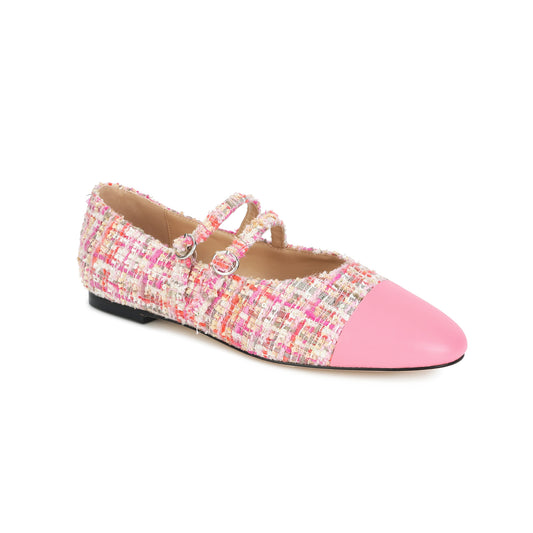 Pink Two-tone Tweed and Leather Mary Jane Flats