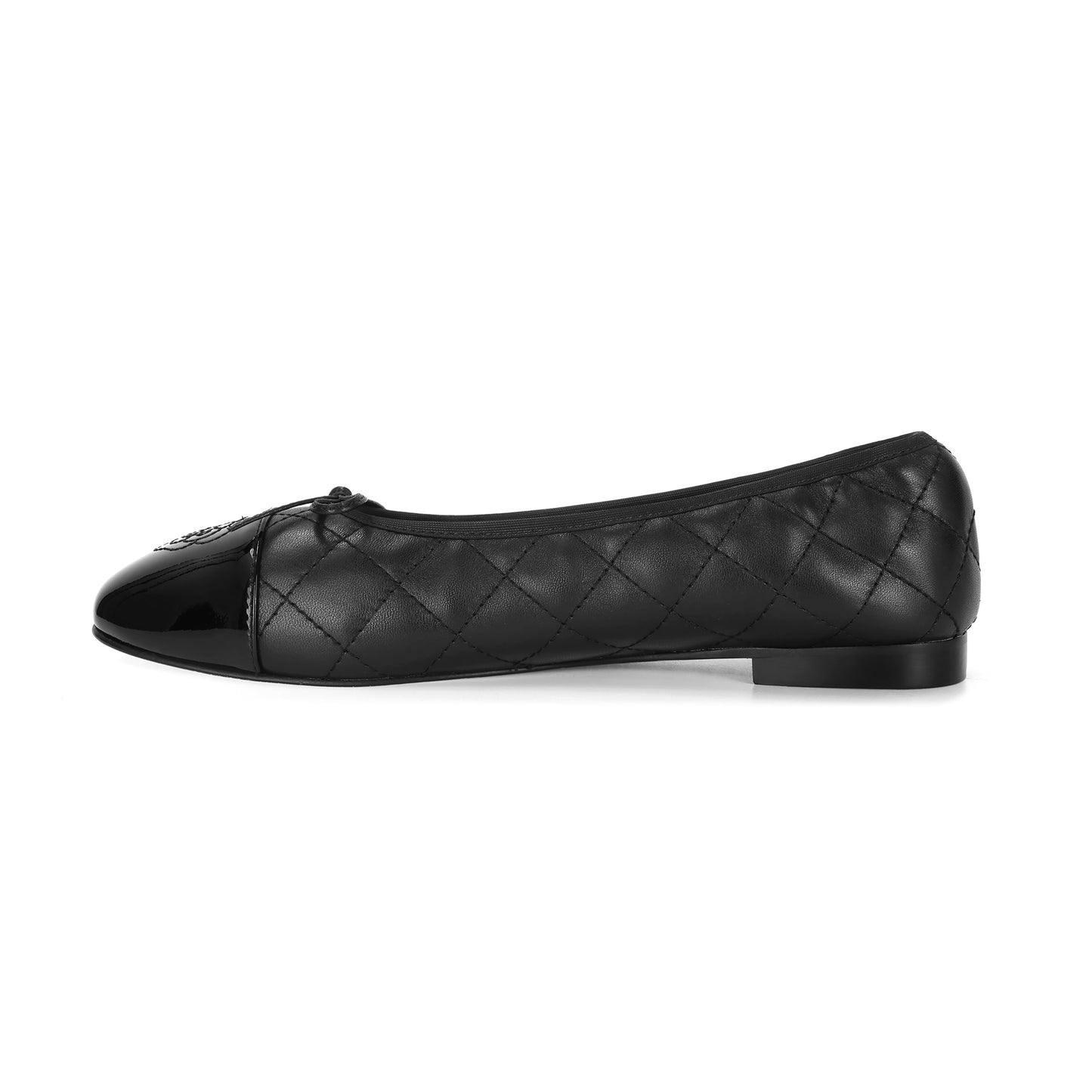 Black Quilted Leather Ballet Flats with Bow and Patent Toe Cap