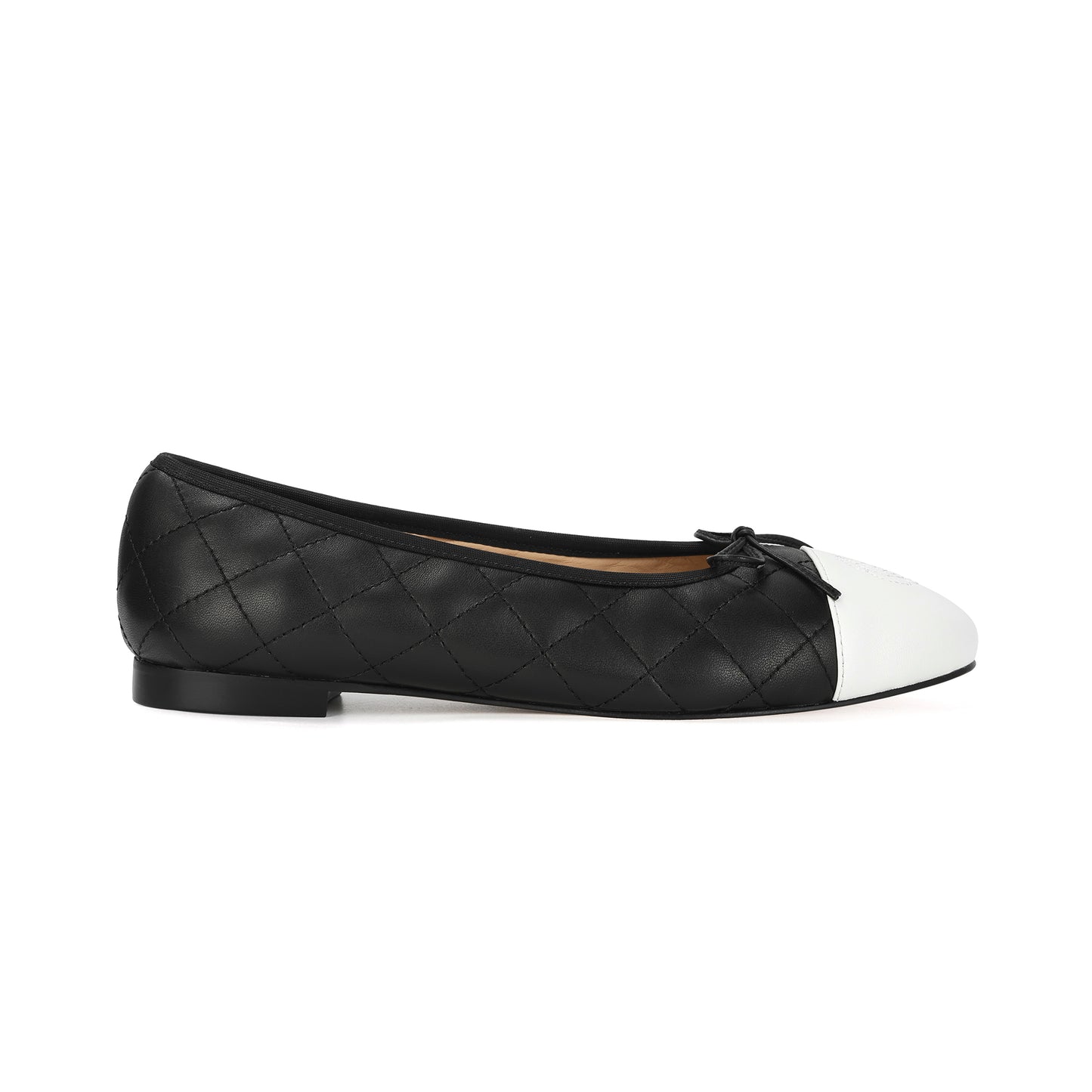 Black/ White Quilted Leather Ballet Flats with Bow and Patent Toe Cap
