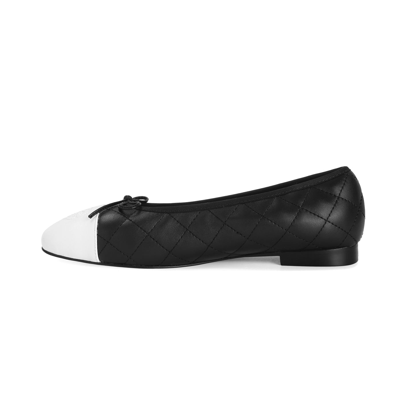 Black/ White Quilted Leather Ballet Flats with Bow and Patent Toe Cap