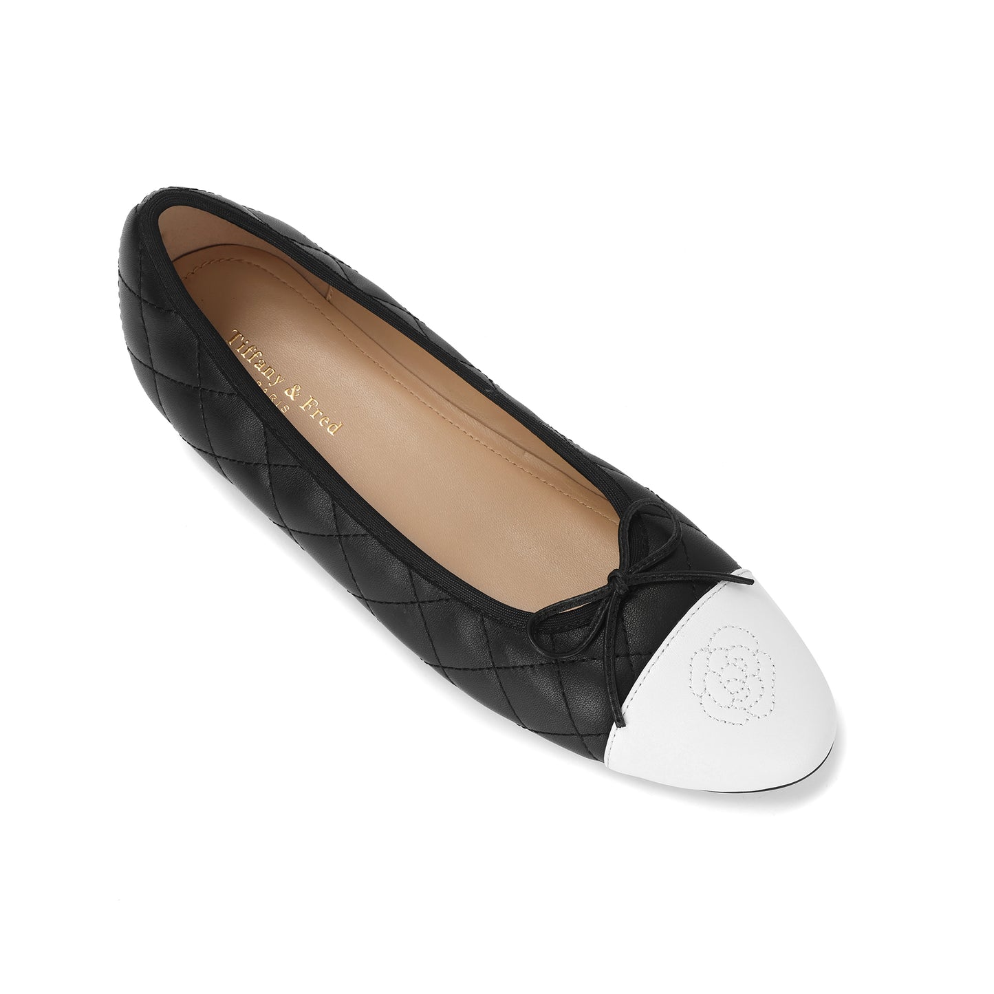 Black/ White Quilted Leather Ballet Flats with Bow and Patent Toe Cap