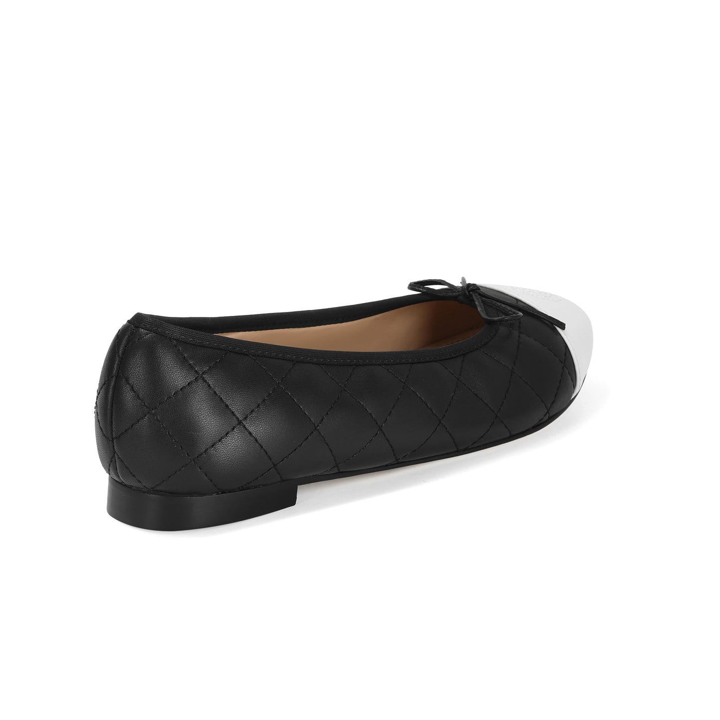 Black/ White Quilted Leather Ballet Flats with Bow and Patent Toe Cap