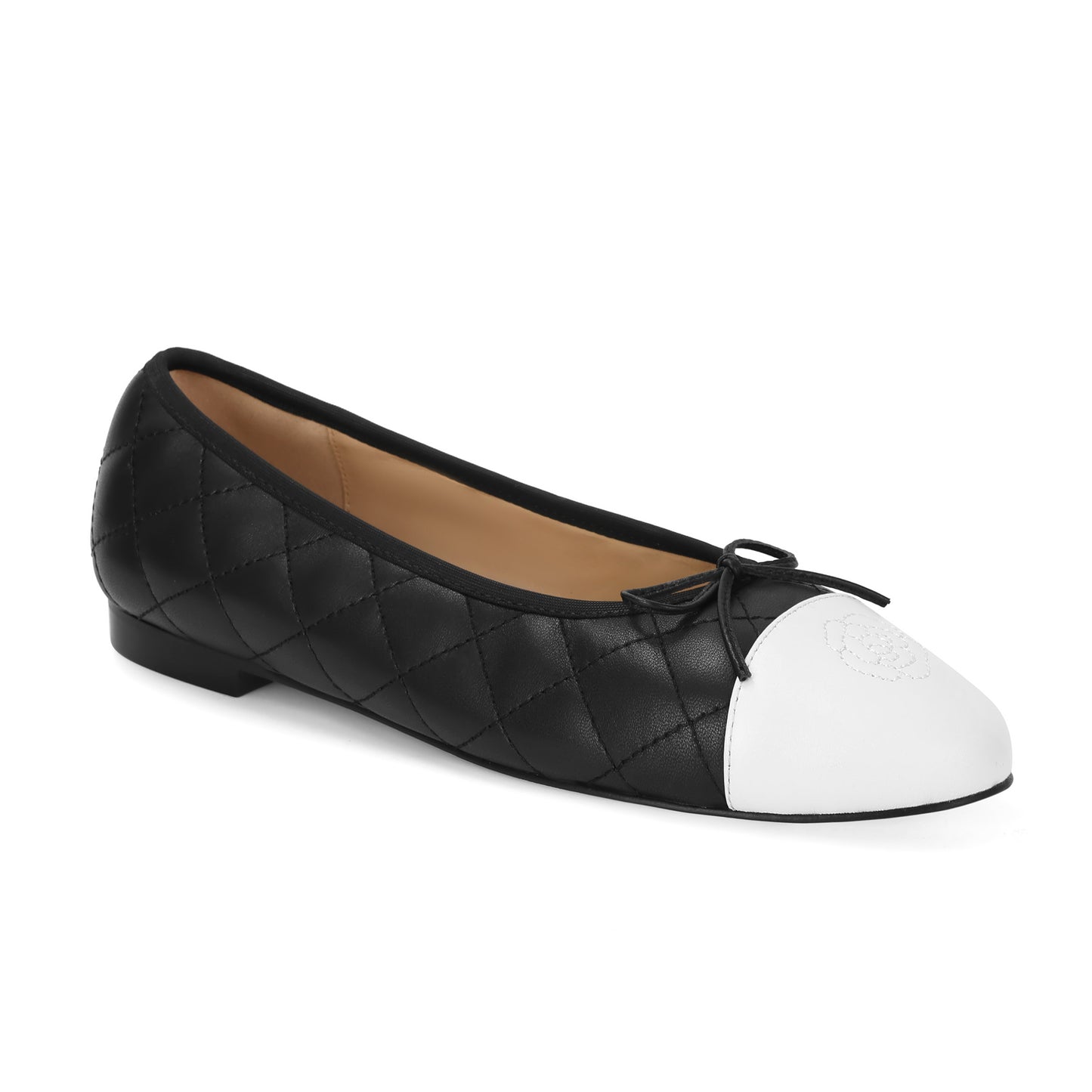Black/ White Quilted Leather Ballet Flats with Bow and Patent Toe Cap