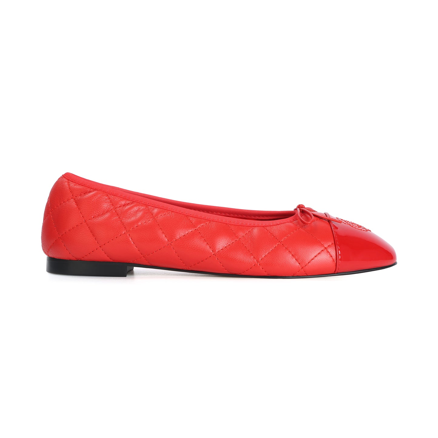 Red Quilted Leather Ballet Flats with Bow and Patent Toe Cap
