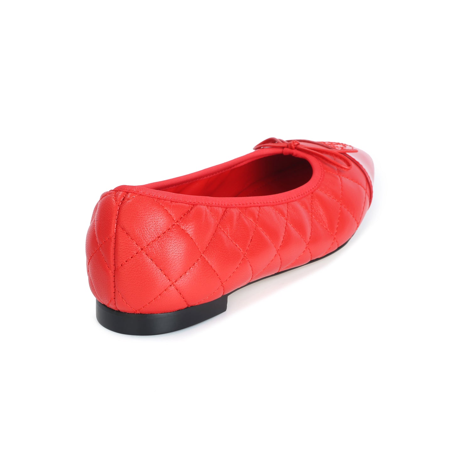 Red Quilted Leather Ballet Flats with Bow and Patent Toe Cap