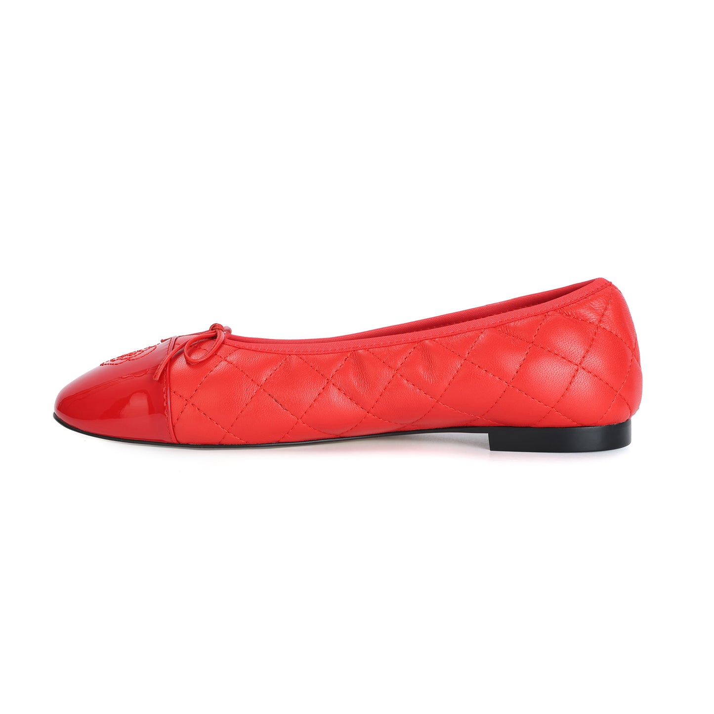 Red Quilted Leather Ballet Flats with Bow and Patent Toe Cap