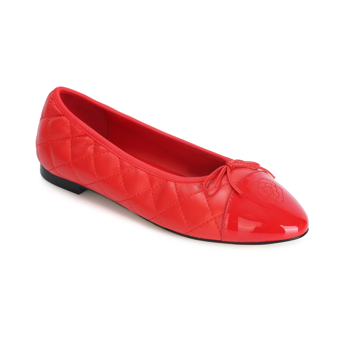 Red Quilted Leather Ballet Flats with Bow and Patent Toe Cap