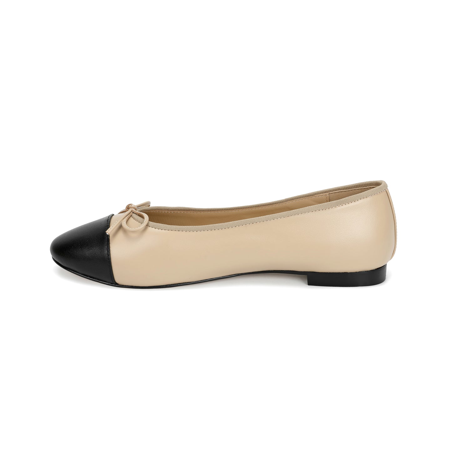 Beige/ Black Two-tone Leather Ballet Flats with Bow
