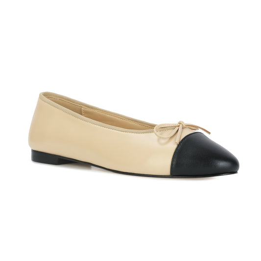 Beige/ Black Two-tone Leather Ballet Flats with Bow