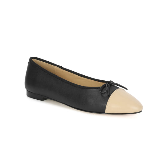 Black / Beige Two-tone Leather Ballet Flats with Bow