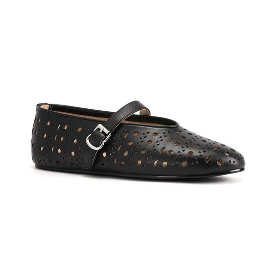 Black Perforated Leather Mary Jane Flats