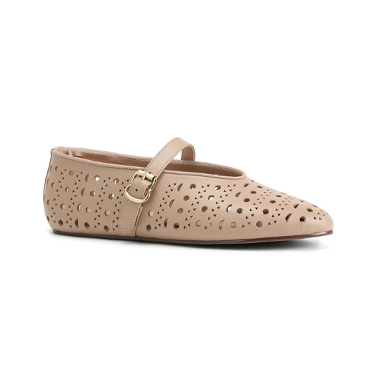 Nude Perforated Leather Mary Jane Flats