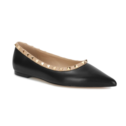 Black Studded Trim Pointed-toe Leather Flats