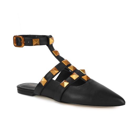 Black Studded Leather Pointed-toe Ankle Strap Flats