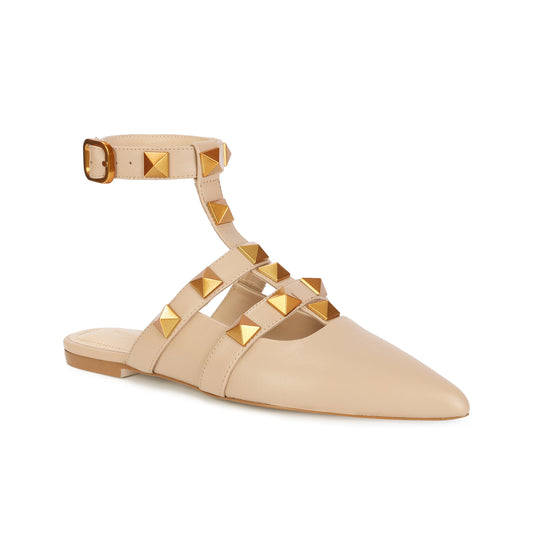 Nude Studded Leather Pointed-toe Ankle Strap Flats