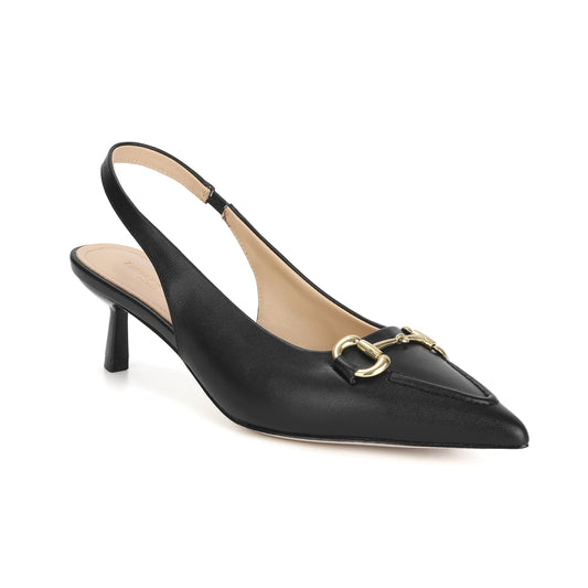 Black Leather Metal-link Slingback Kitten Heels
