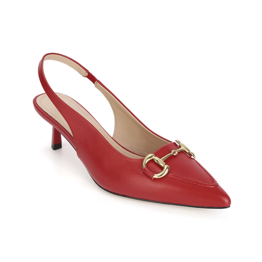 Red Leather Metal-link Slingback Kitten Heels