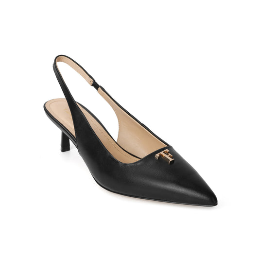 Black Leather Slingback Kitten Heels with TF Accent
