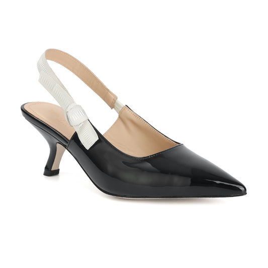 Black Patent Leather Slingback Kitten Heels with Ribbon Strap