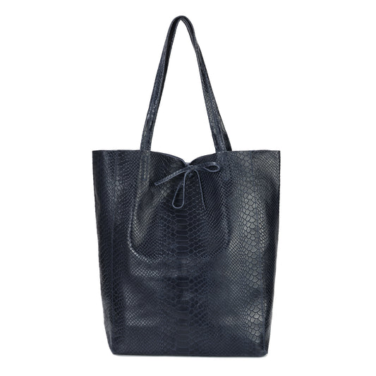 Embossed Leather Tote Bag with Top Tie Closure