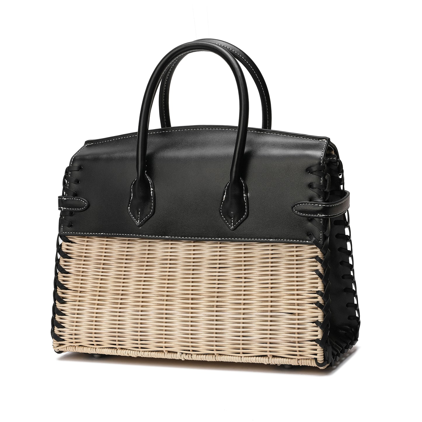Tiffany & Fred Smooth-Leather & Straw Top-Handle Bag