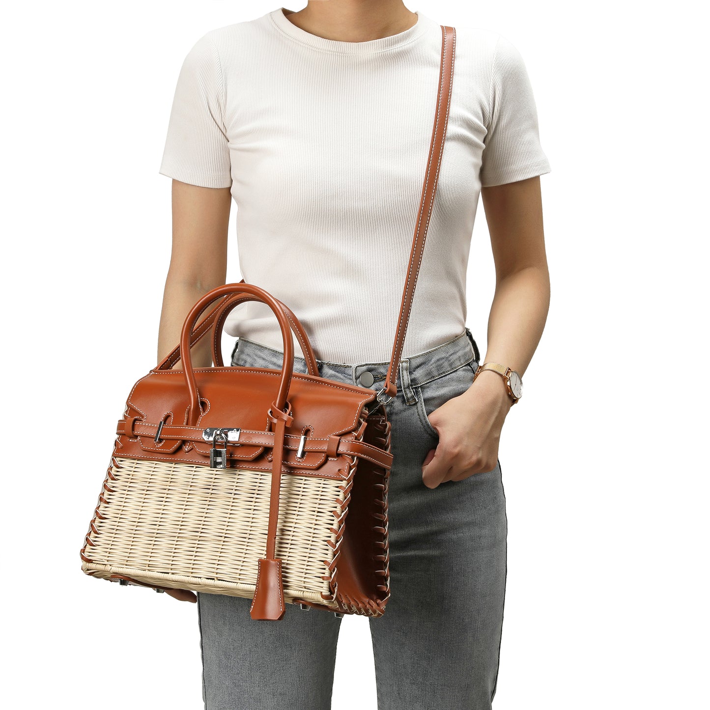 Tiffany & Fred Smooth-Leather & Straw Top-Handle Bag