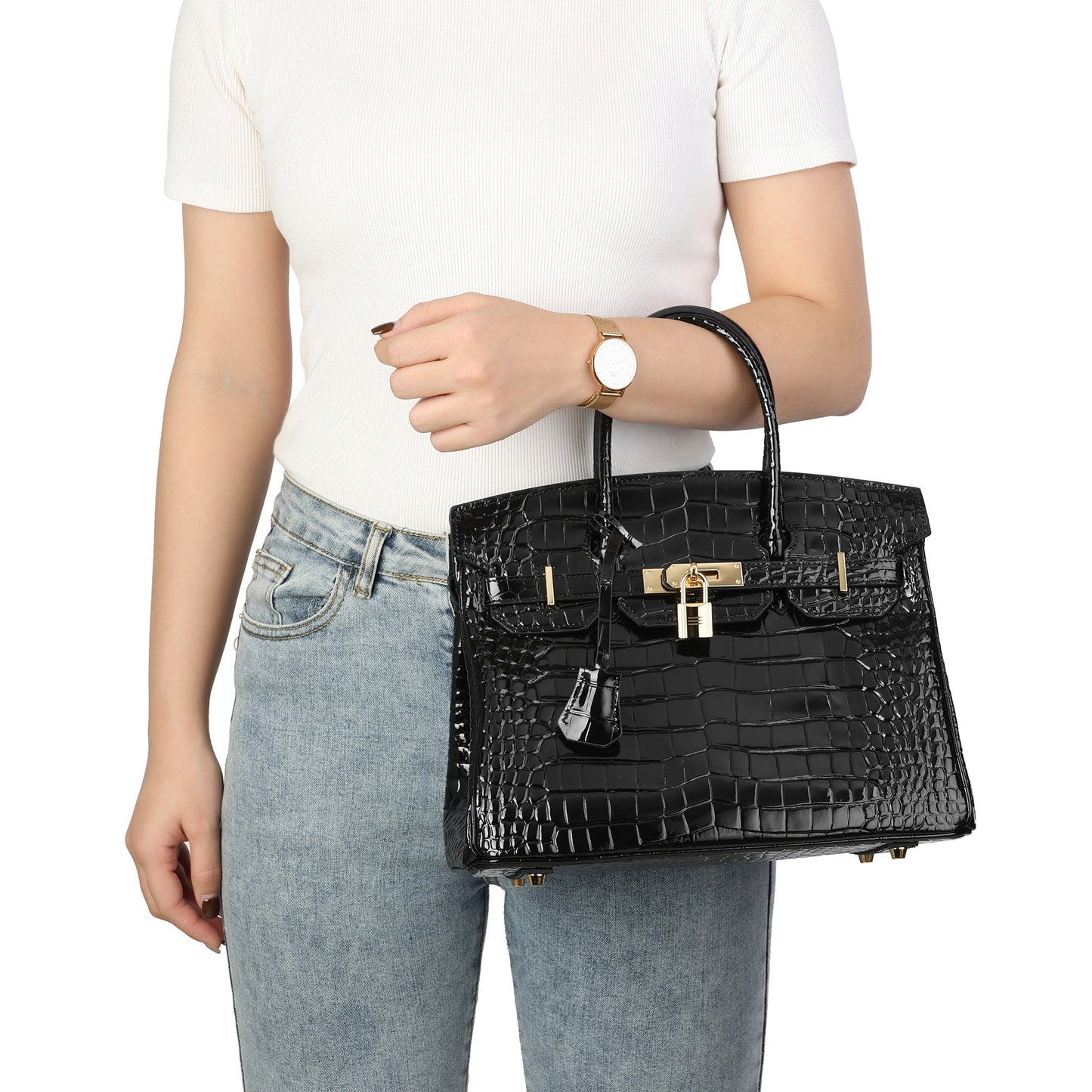 Crocodile-Embossed Leather Structured Handbag