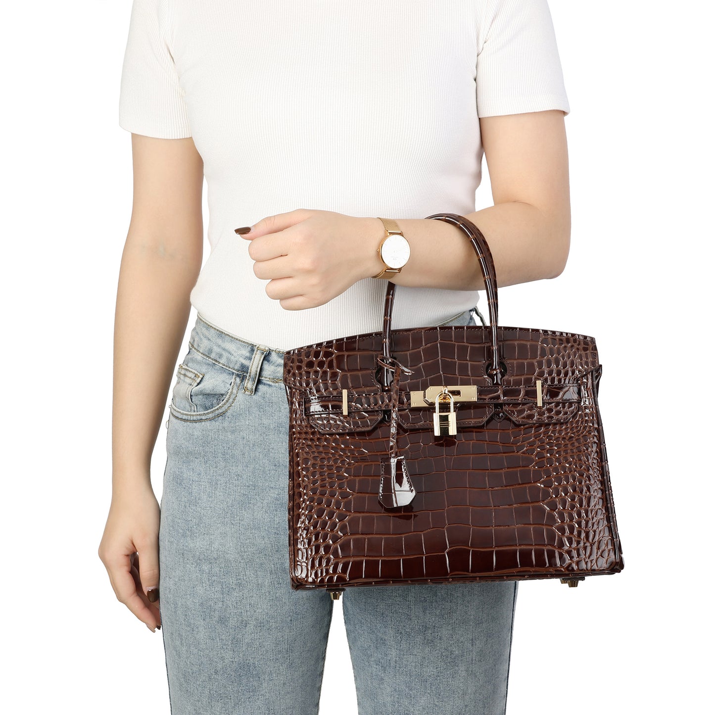 Crocodile-Embossed Leather Structured Handbag