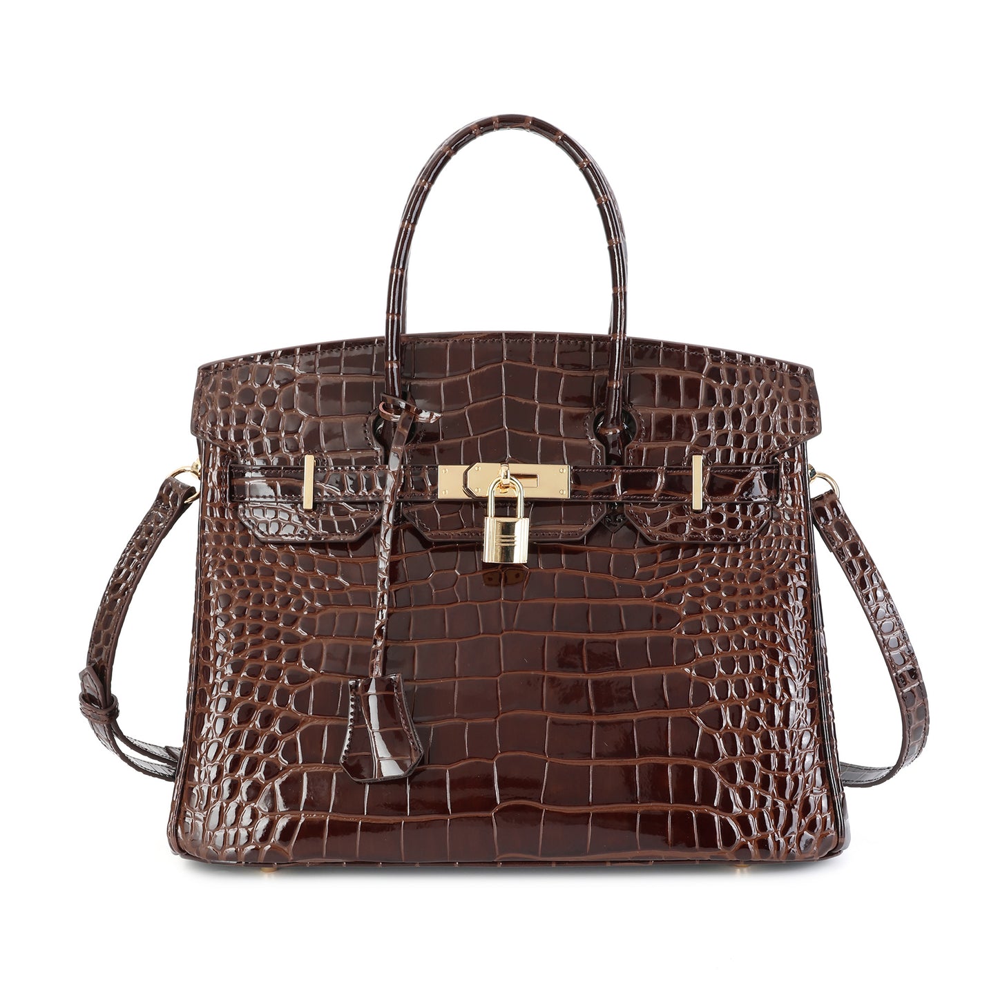 Crocodile-Embossed Leather Structured Handbag