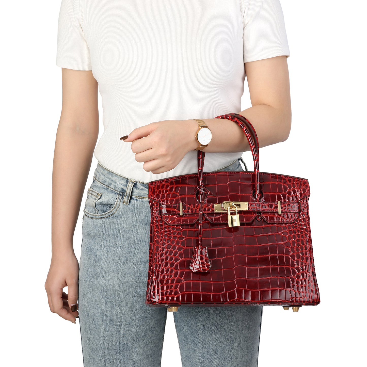 Crocodile-Embossed Leather Structured Handbag