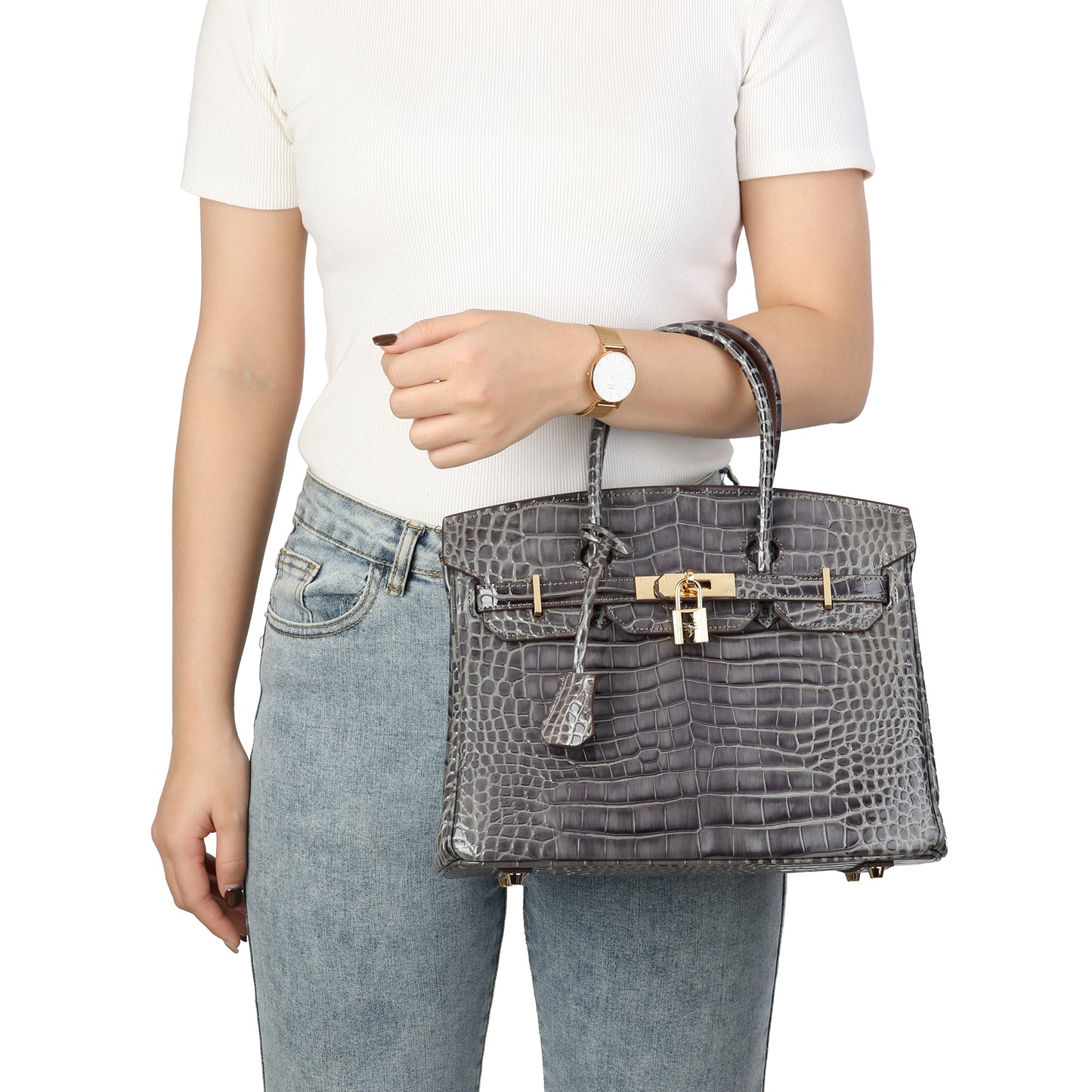 Crocodile-Embossed Leather Structured Handbag