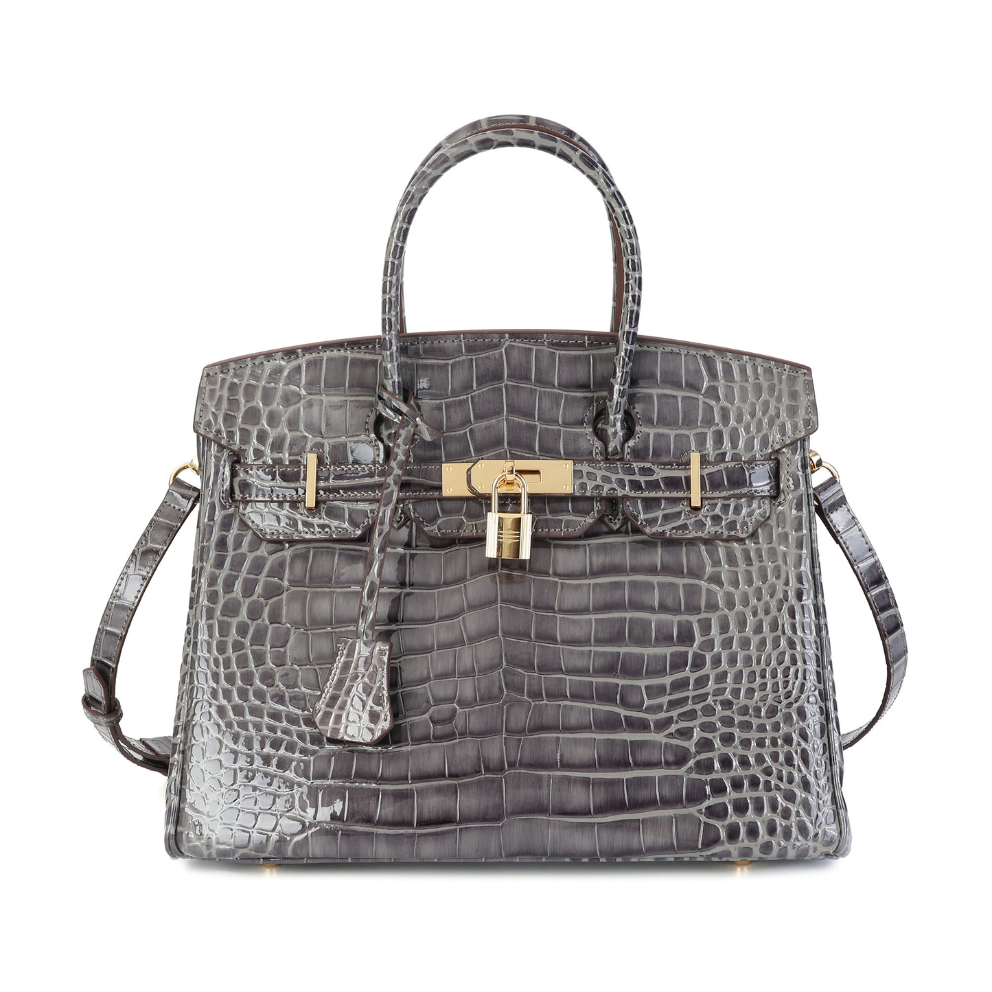 Crocodile-Embossed Leather Structured Handbag