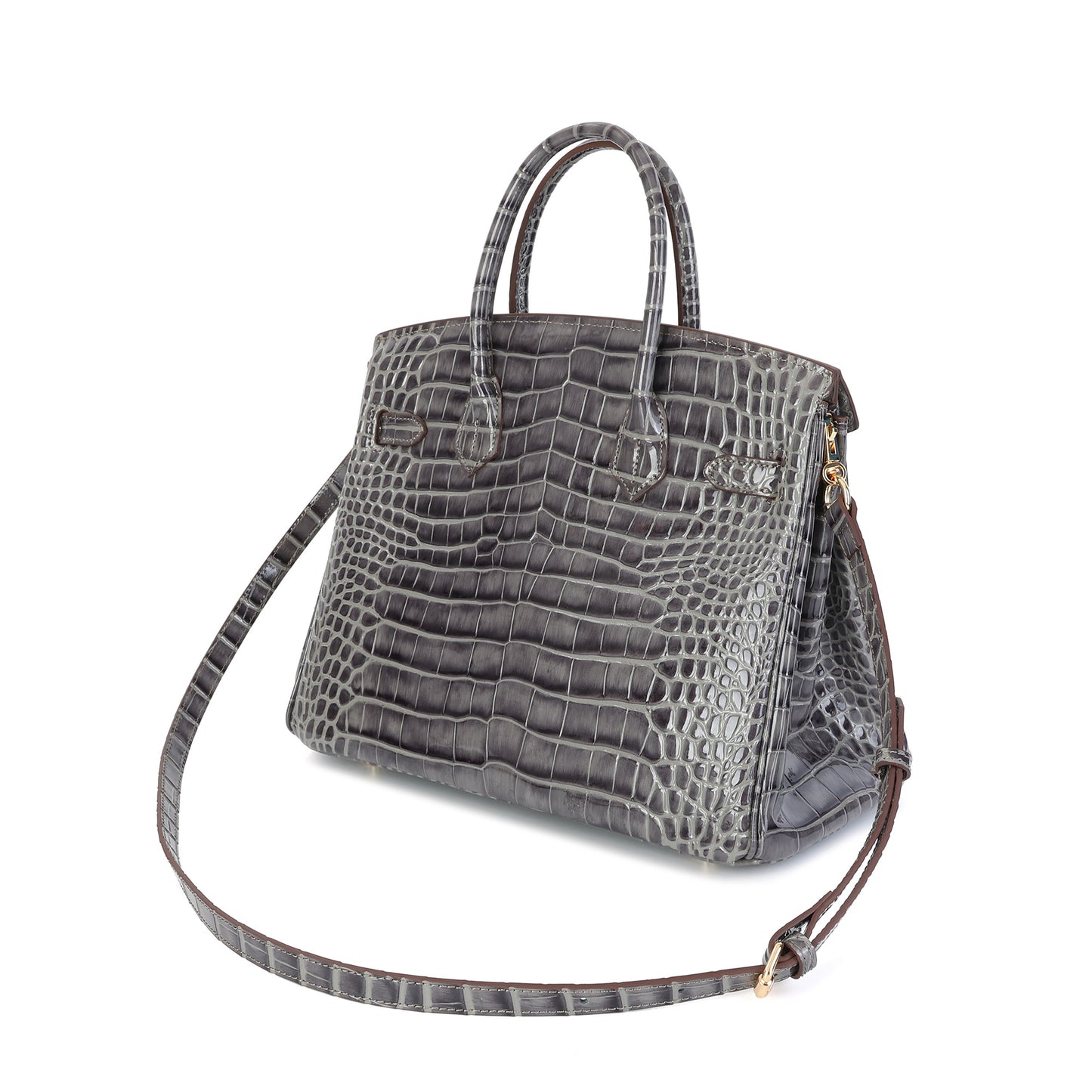 Crocodile-Embossed Leather Structured Handbag