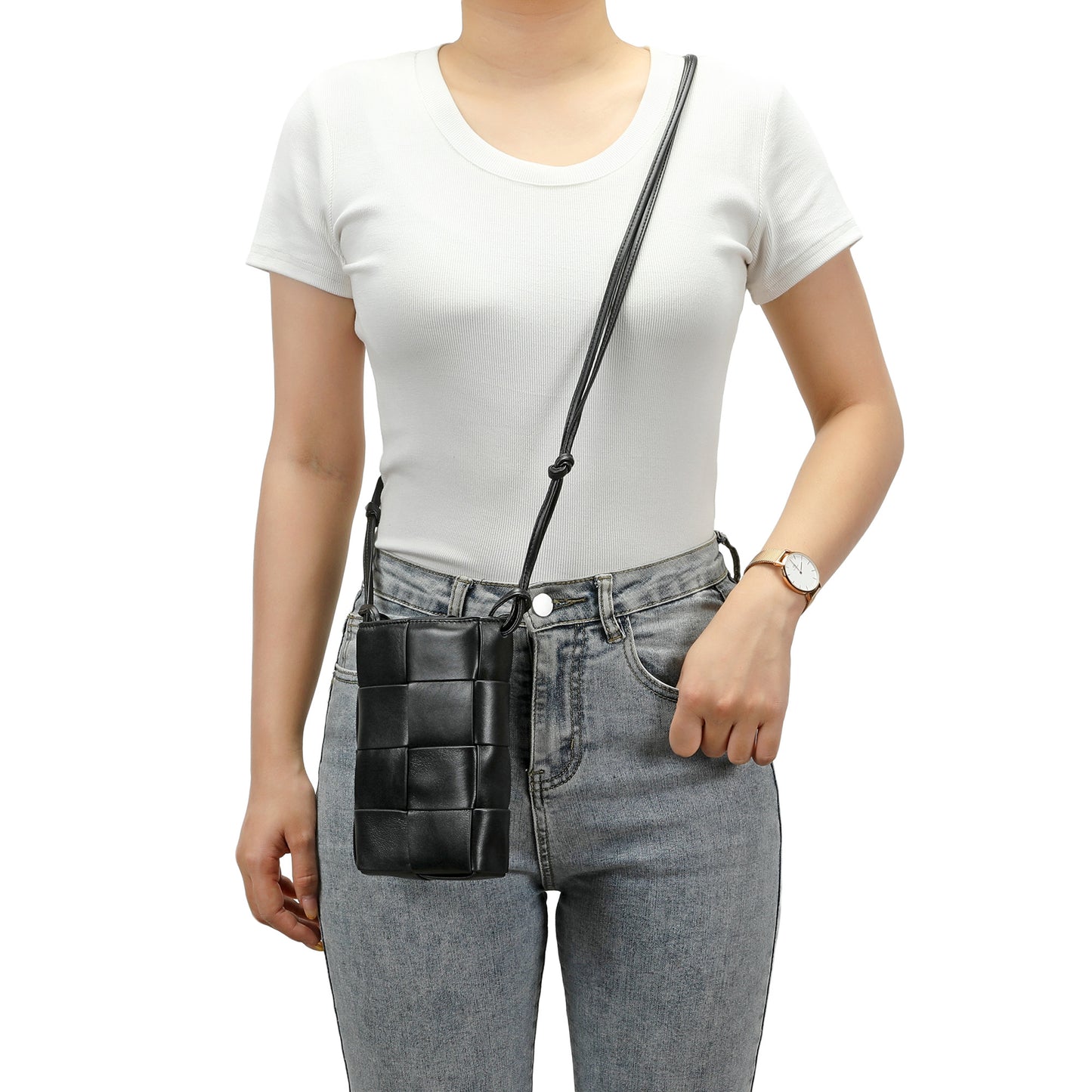 Hand-Woven Leather Phone Crossbody Bag