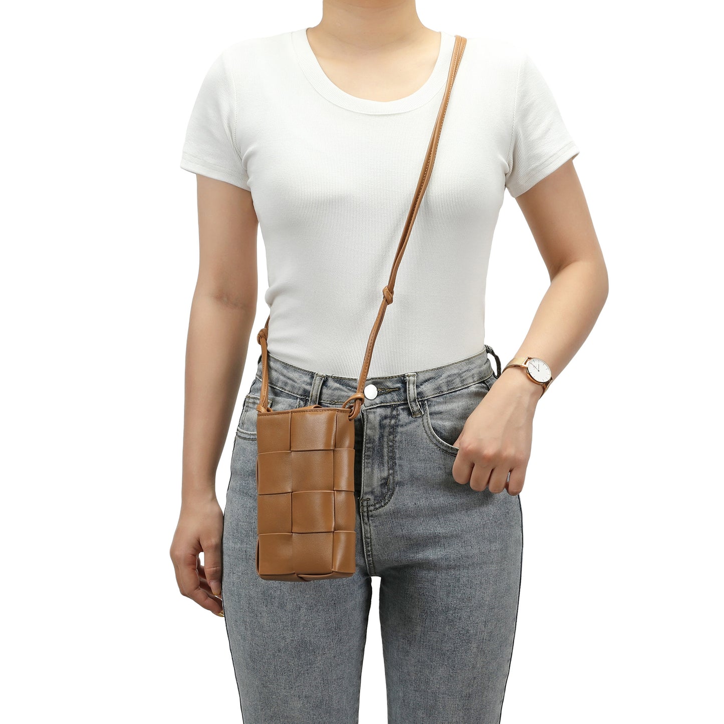 Hand-Woven Leather Phone Crossbody Bag