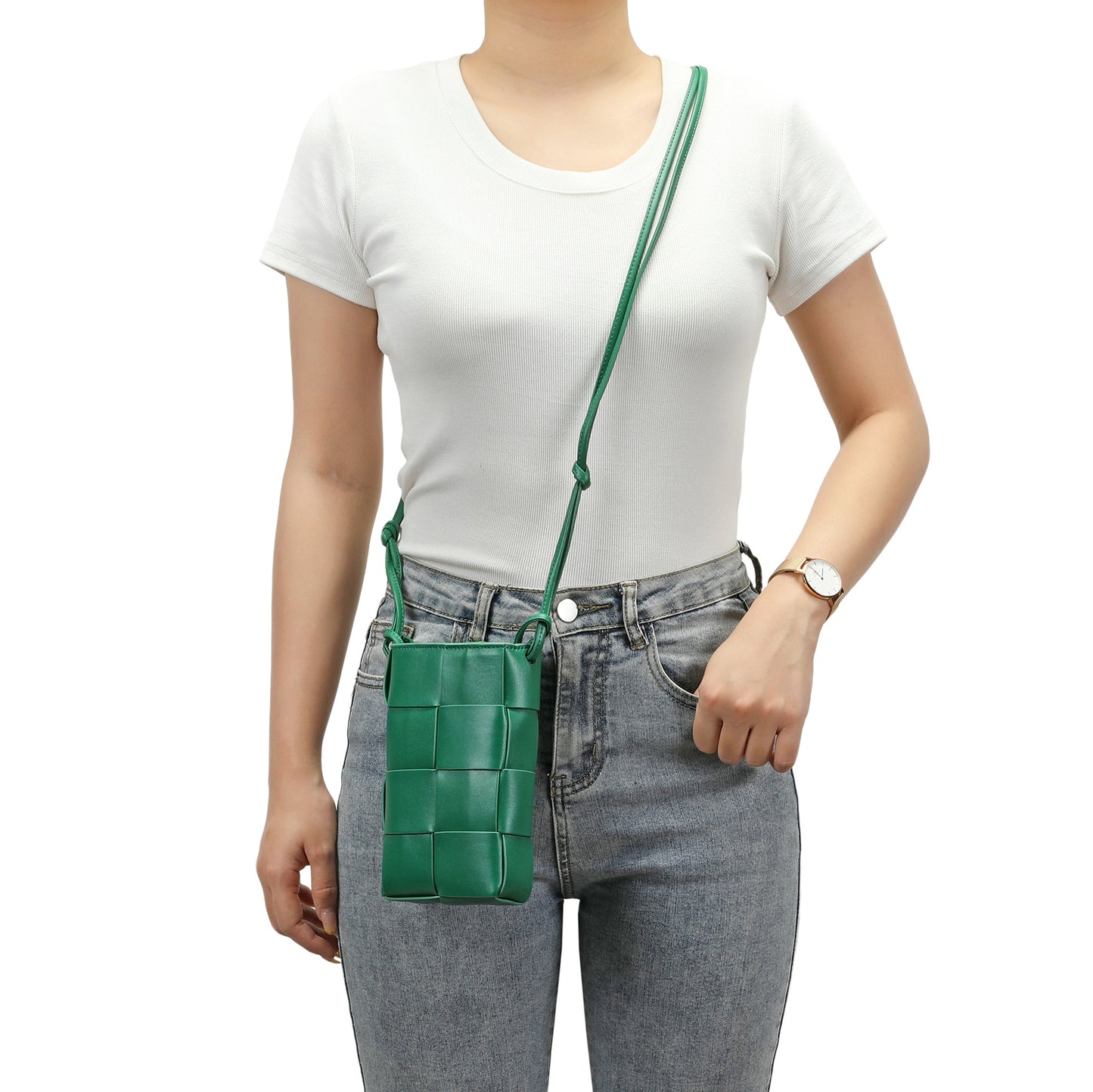 Hand-Woven Leather Phone Crossbody Bag