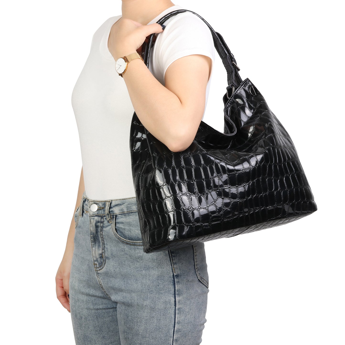 Embossed Leather Hobo Shoulder Bag