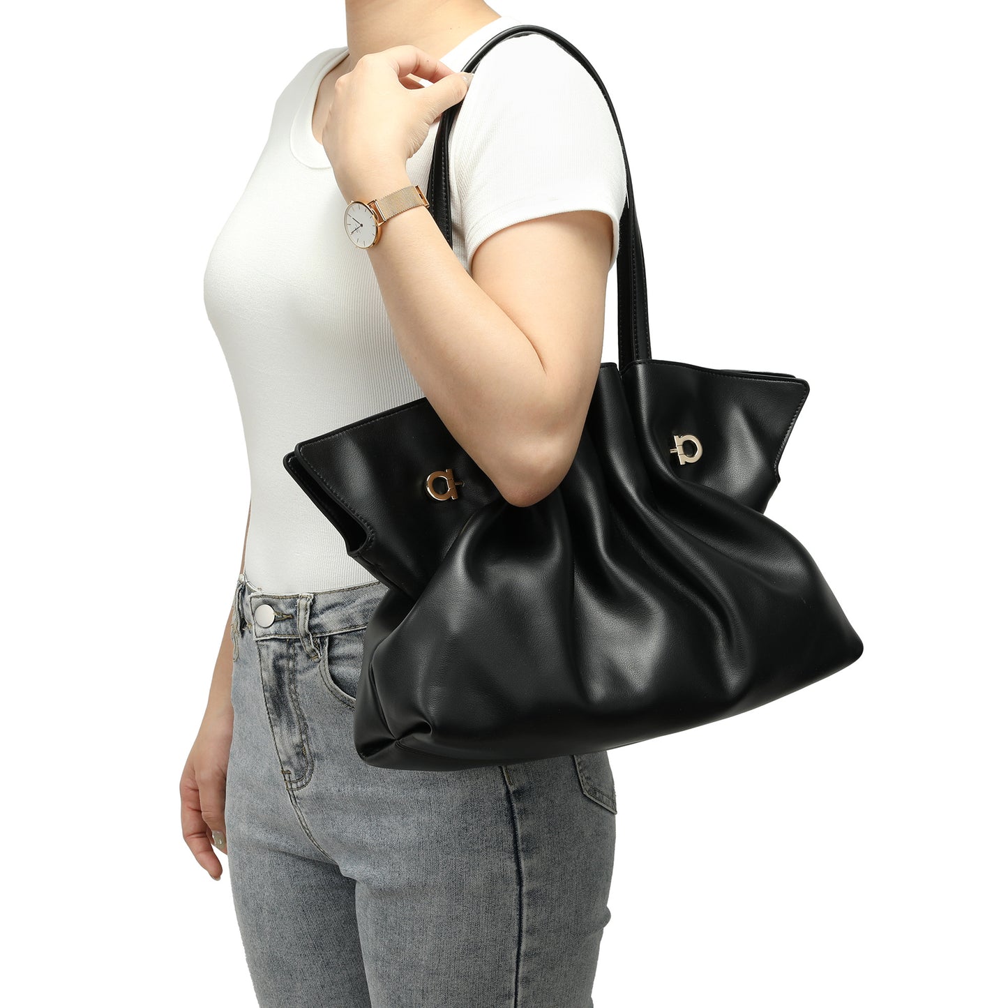 Soft Pleated Leather Shoulder Tote