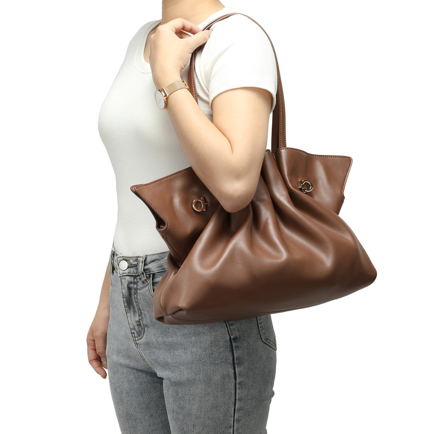 Soft Pleated Leather Shoulder Tote
