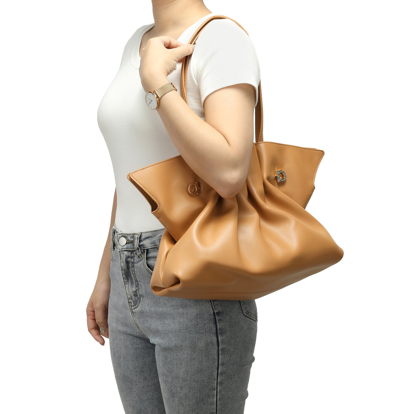 Soft Pleated Leather Shoulder Tote