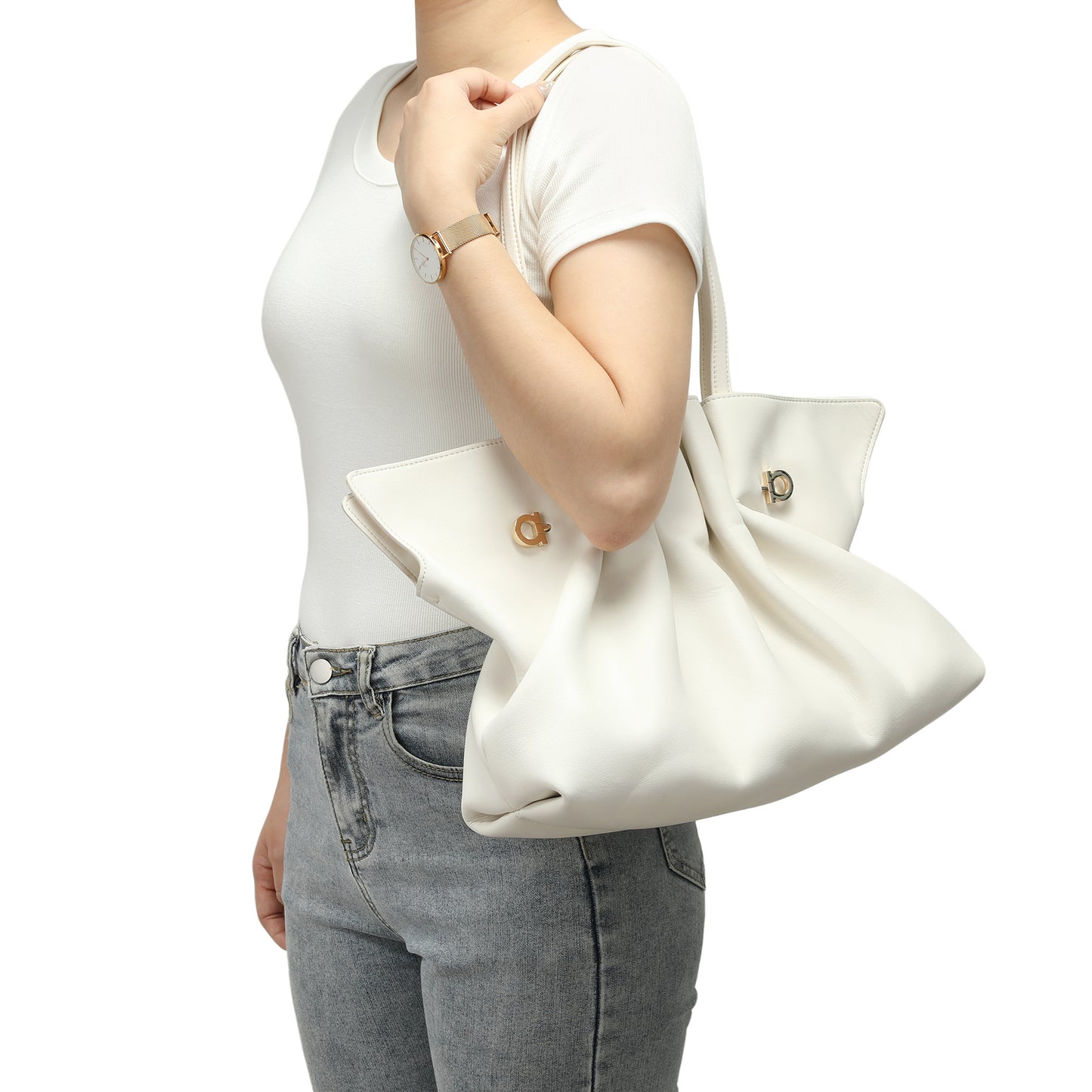Soft Pleated Leather Shoulder Tote