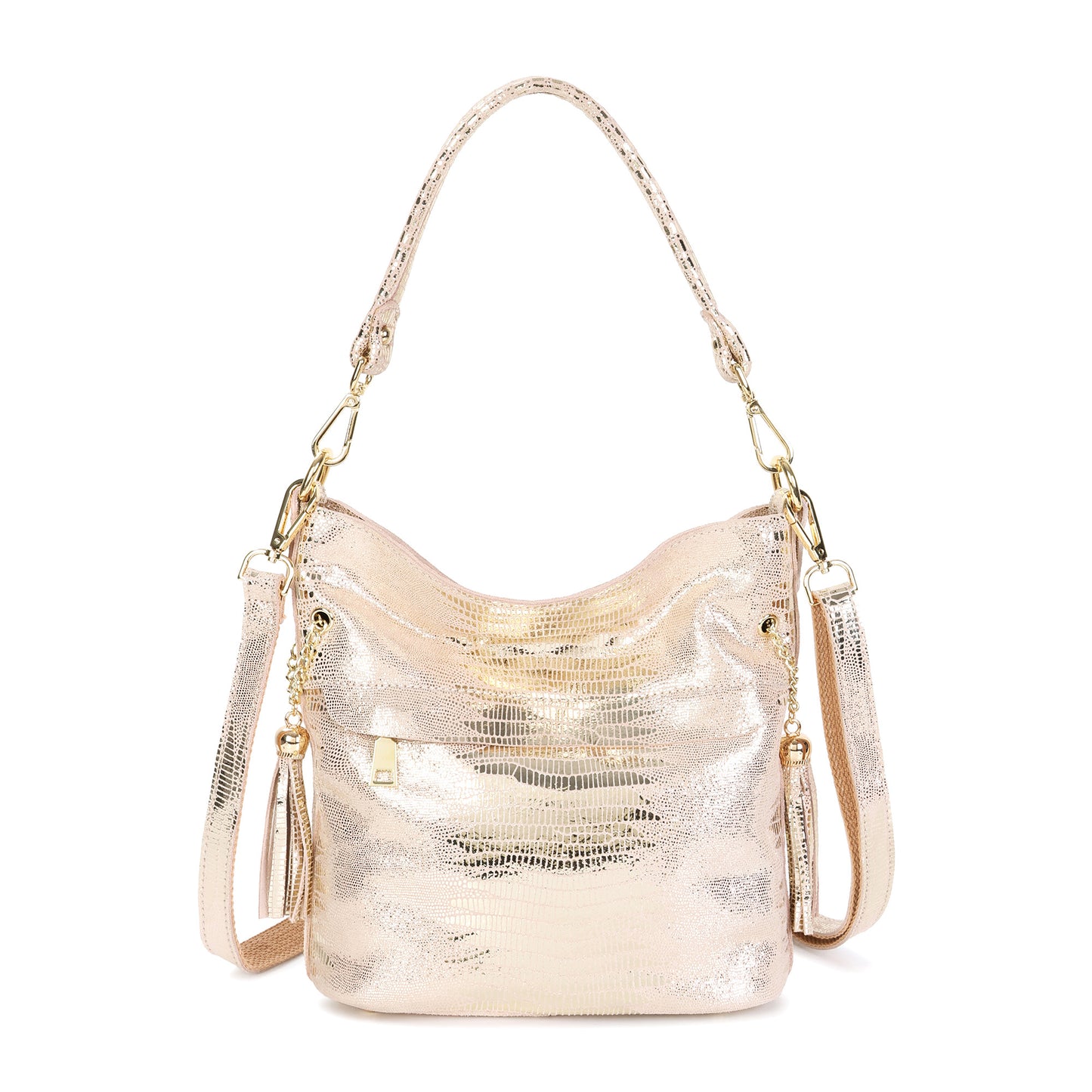 Metallic Croc-Embossed Leather Convertible Shoulder & Crossbody Bag