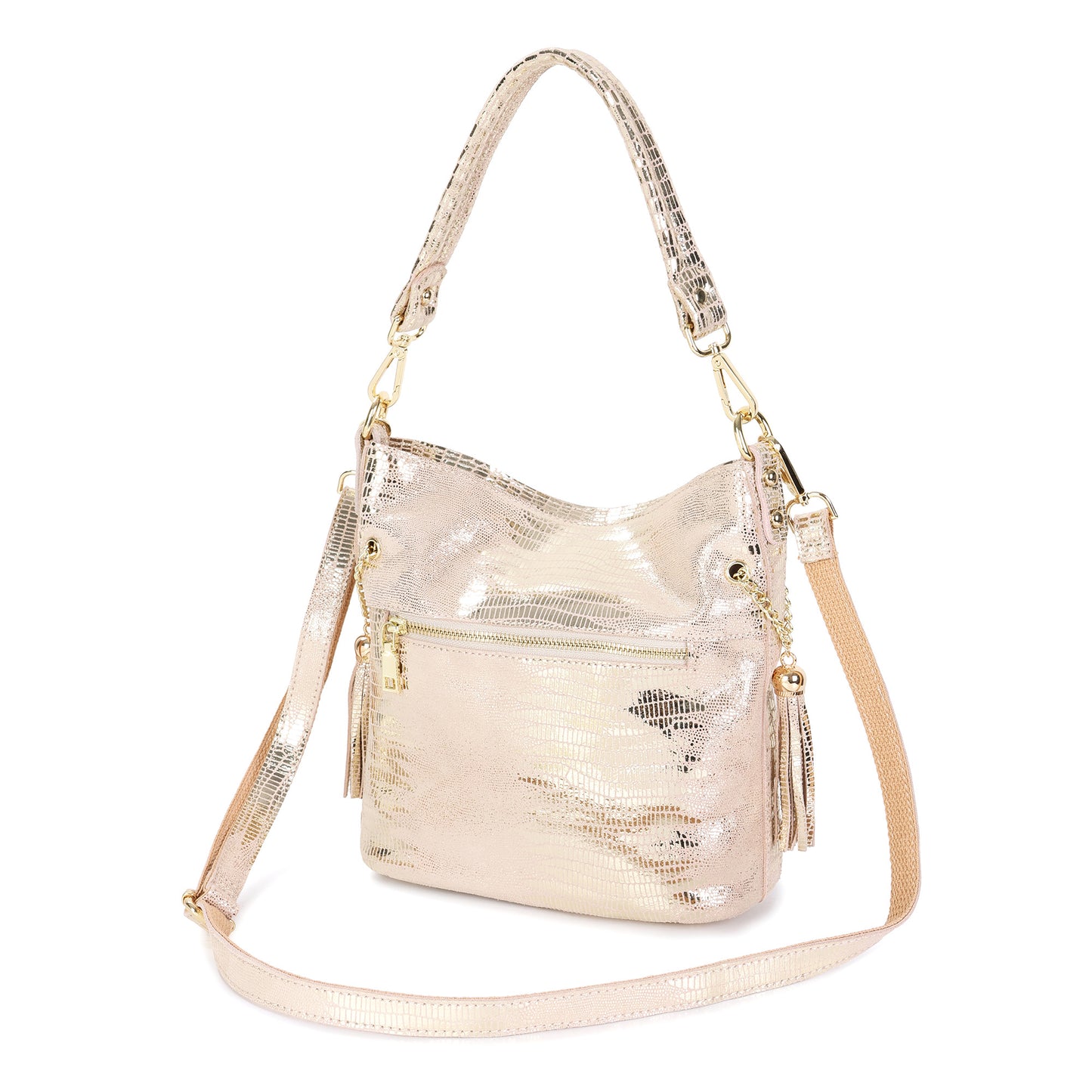 Metallic Croc-Embossed Leather Convertible Shoulder & Crossbody Bag